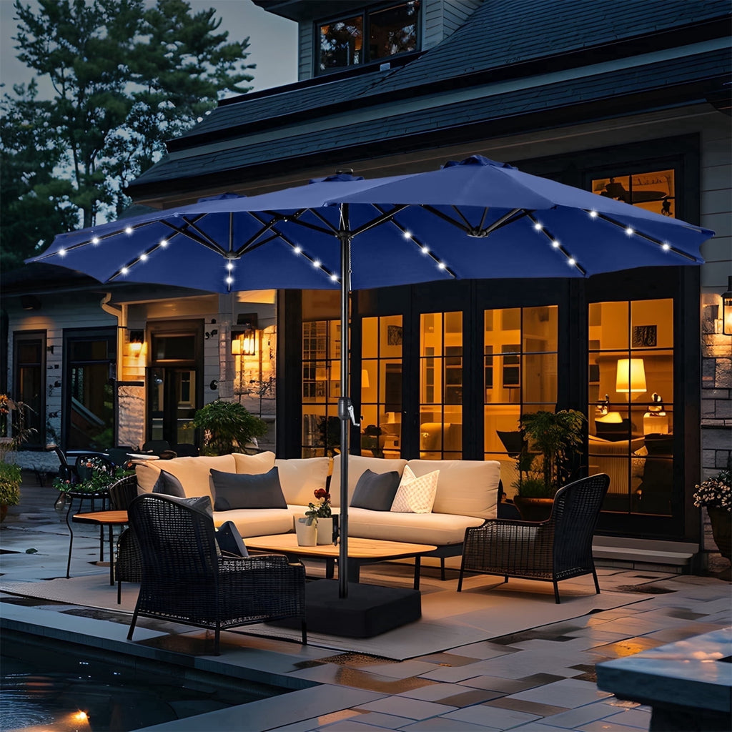 SUMMIT LIVING 15 FT Double-Sided Solar Patio Umbrella with Base Large Outdoor Umbrella with LED Solar Lights - Haze Blue