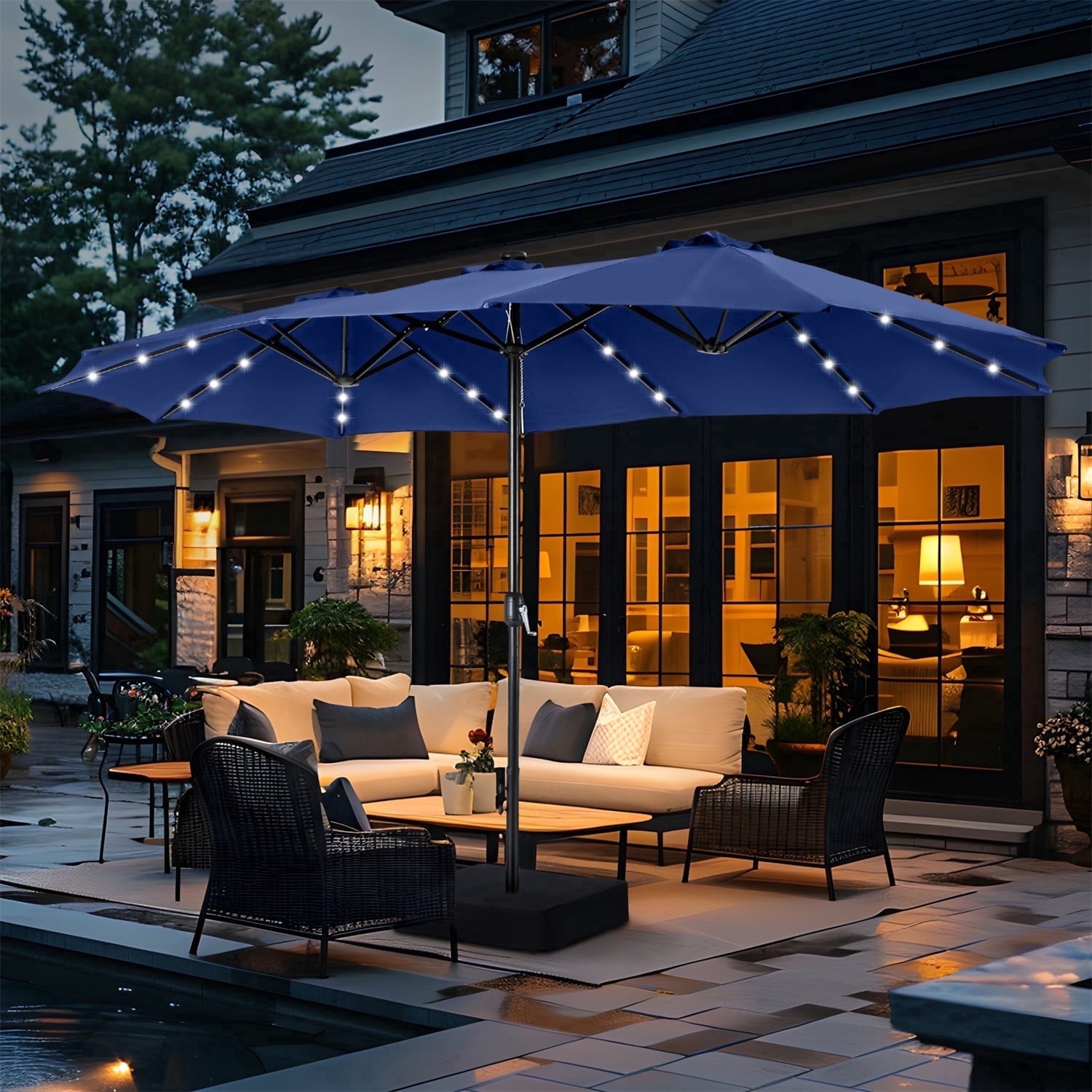 SUMMIT LIVING 15 FT Double-Sided Solar Patio Umbrella with Base Large Outdoor Umbrella with LED Solar Lights - Haze Blue