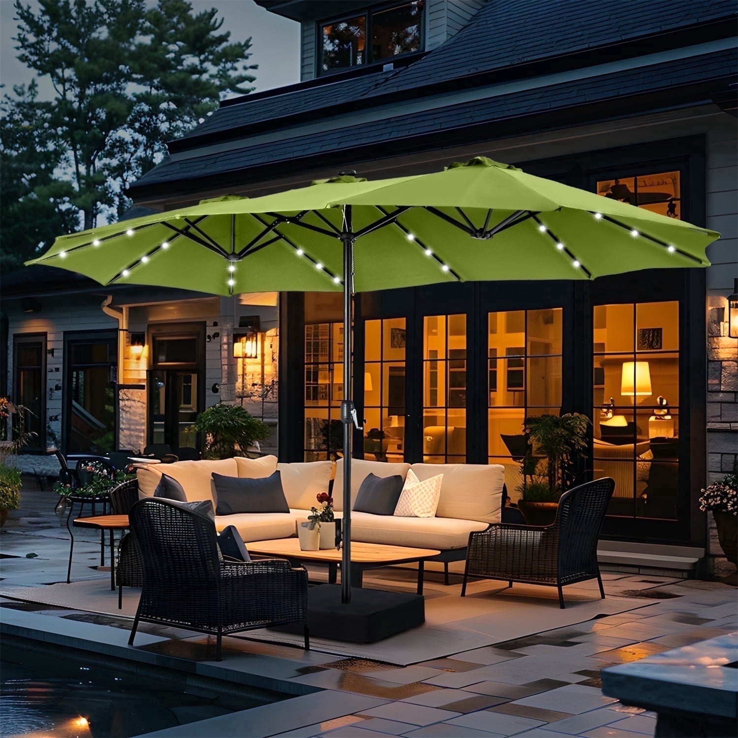 SUMMIT LIVING 15 FT Double-Sided Solar Patio Umbrella with Base Large Outdoor Umbrella with LED Solar Lights - Haze Blue