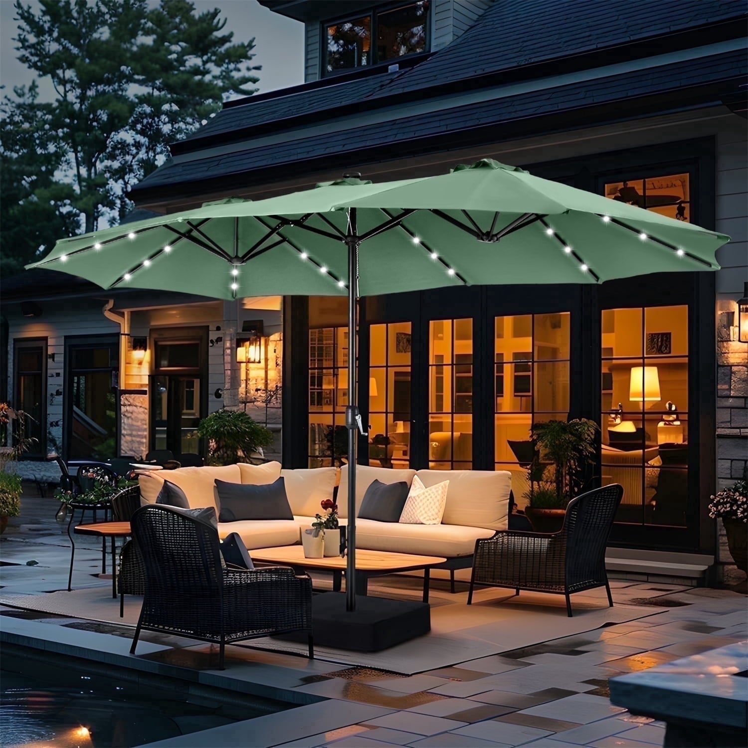 SUMMIT LIVING 15 FT Double-Sided Solar Patio Umbrella with Base Large Outdoor Umbrella with LED Solar Lights - Haze Blue