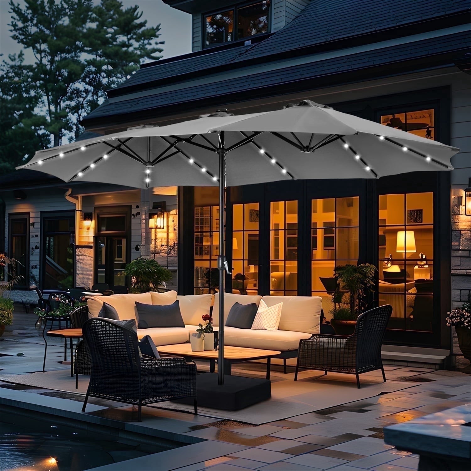 SUMMIT LIVING 15 FT Double-Sided Solar Patio Umbrella with Base Large Outdoor Umbrella with LED Solar Lights - Haze Blue