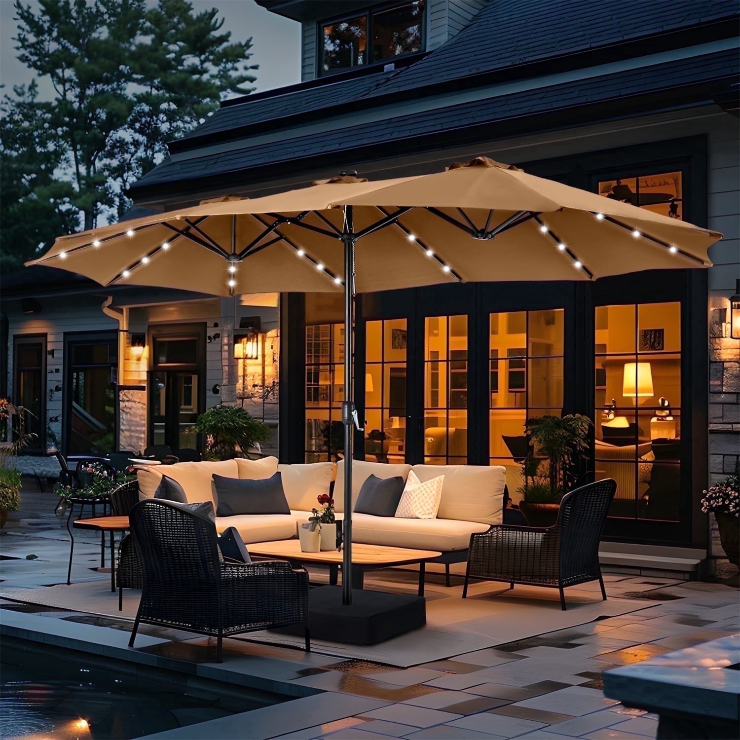 SUMMIT LIVING 15 FT Double-Sided Solar Patio Umbrella with Base Large Outdoor Umbrella with LED Solar Lights - Haze Blue