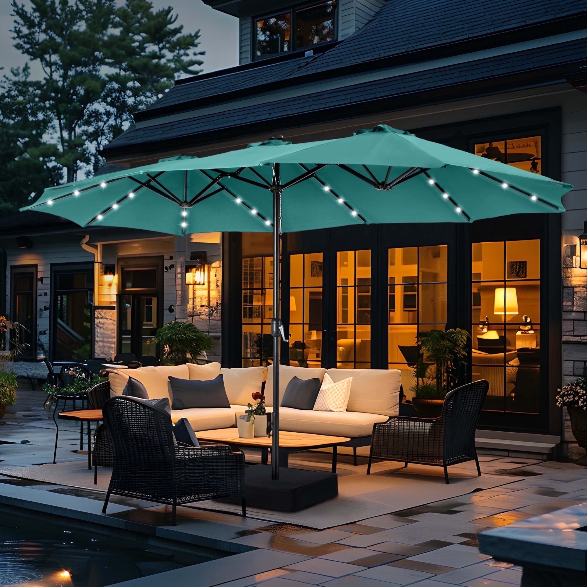 SUMMIT LIVING 15 FT Double-Sided Solar Patio Umbrella with Base Large Outdoor Umbrella with LED Solar Lights - Haze Blue