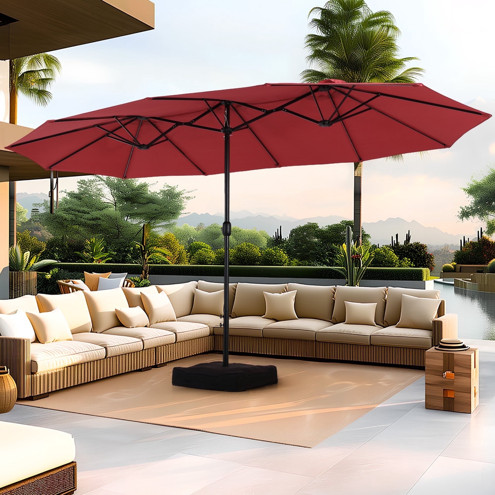 SUMMIT LIVING 15 ft Large Patio Umbrella with Base (Included) Double-Sided Rectangular Outdoor Deck Umbrella for Outside - Beige