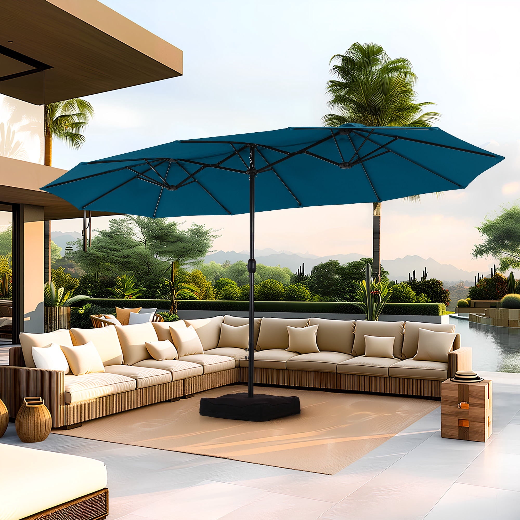 SUMMIT LIVING 15 ft Large Patio Umbrella with Base (Included) Double-Sided Rectangular Outdoor Deck Umbrella for Outside - Beige