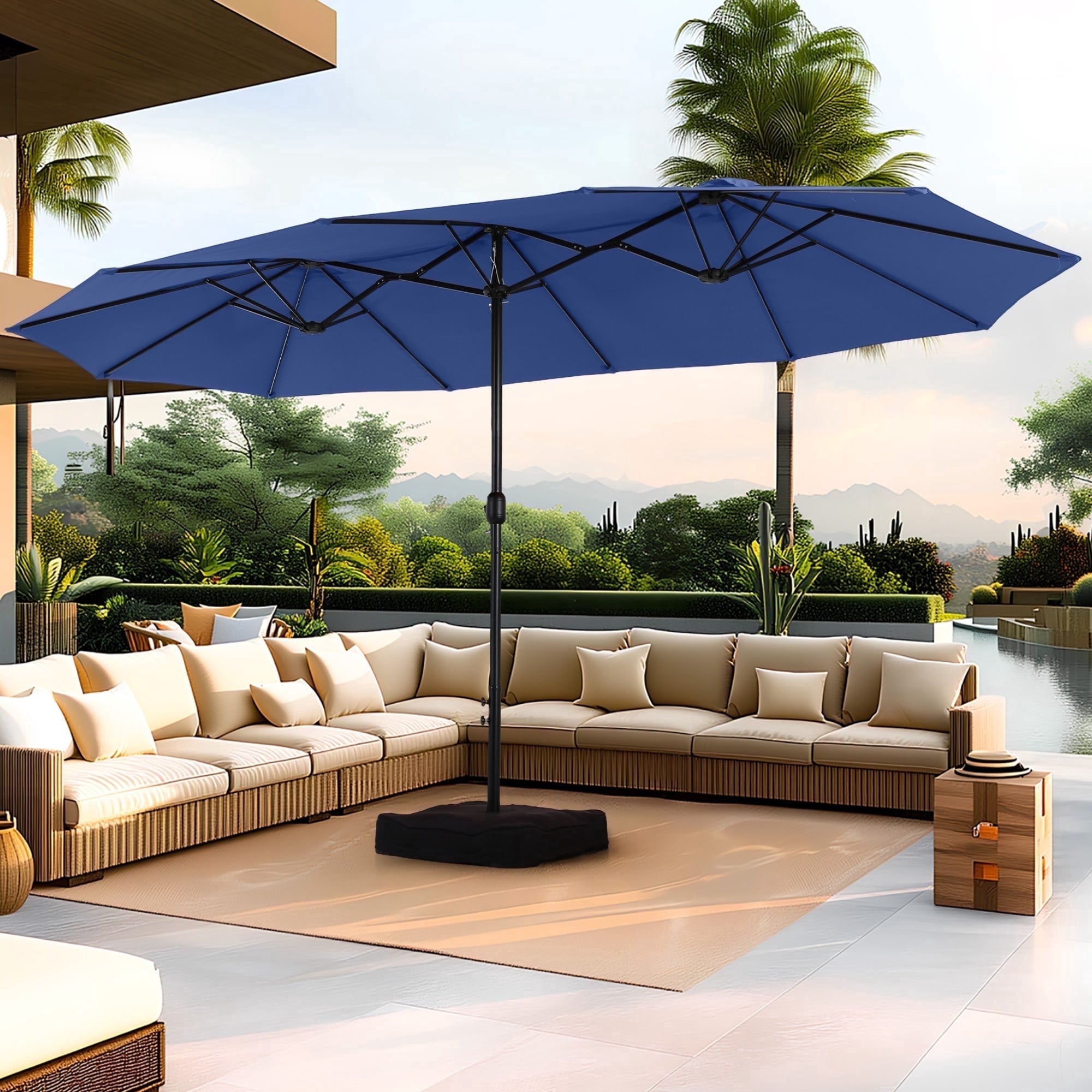 SUMMIT LIVING 15 ft Large Patio Umbrella with Base (Included) Double-Sided Rectangular Outdoor Deck Umbrella for Outside - Beige