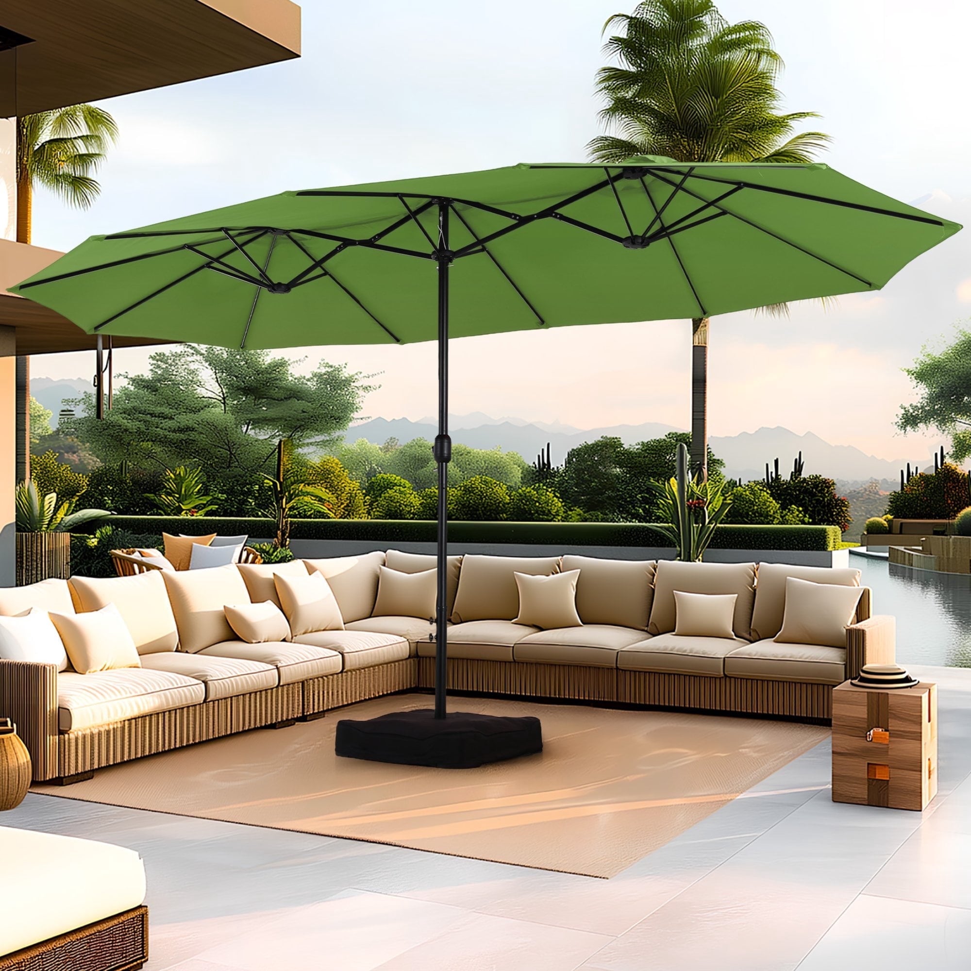 SUMMIT LIVING 15 ft Large Patio Umbrella with Base (Included) Double-Sided Rectangular Outdoor Deck Umbrella for Outside - Beige