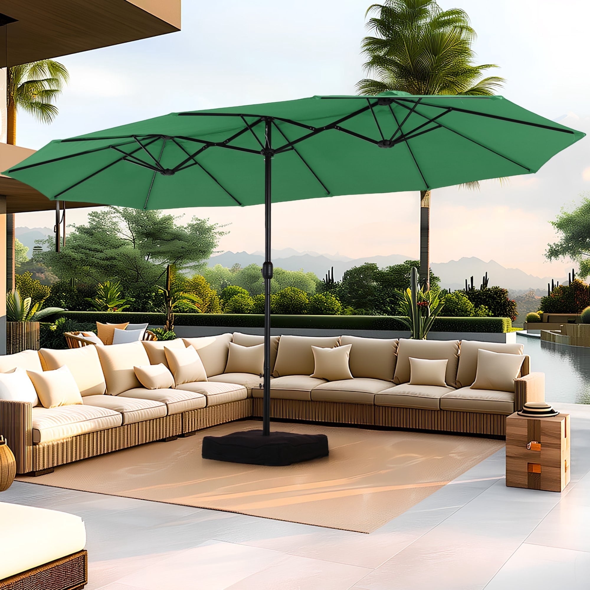 SUMMIT LIVING 15 ft Large Patio Umbrella with Base (Included) Double-Sided Rectangular Outdoor Deck Umbrella for Outside - Beige