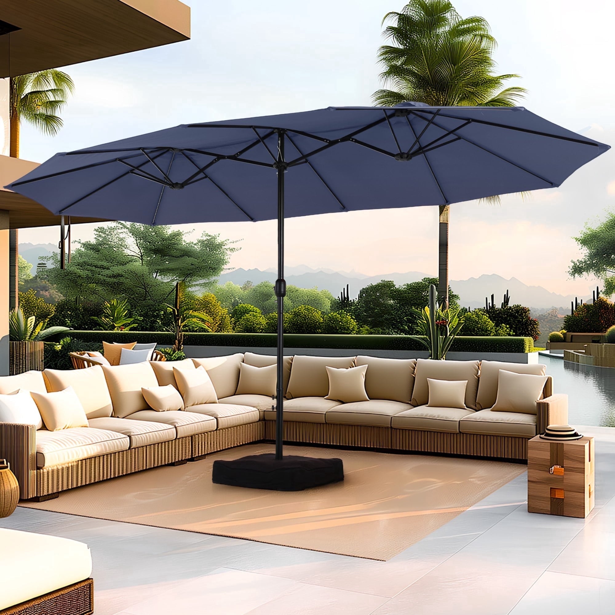 SUMMIT LIVING 15 ft Large Patio Umbrella with Base (Included) Double-Sided Rectangular Outdoor Deck Umbrella for Outside - Beige
