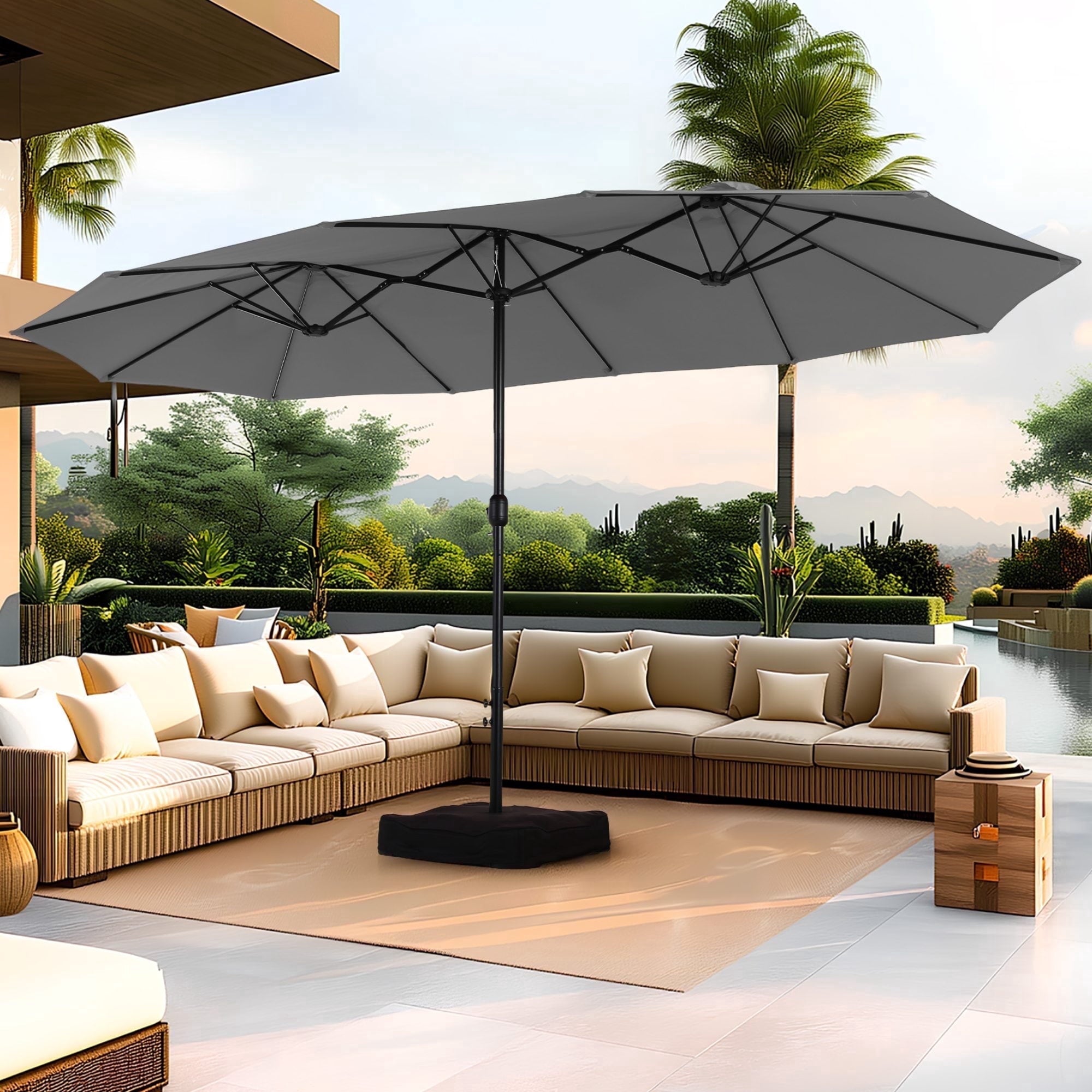 SUMMIT LIVING 15 ft Large Patio Umbrella with Base (Included) Double-Sided Rectangular Outdoor Deck Umbrella for Outside - Beige