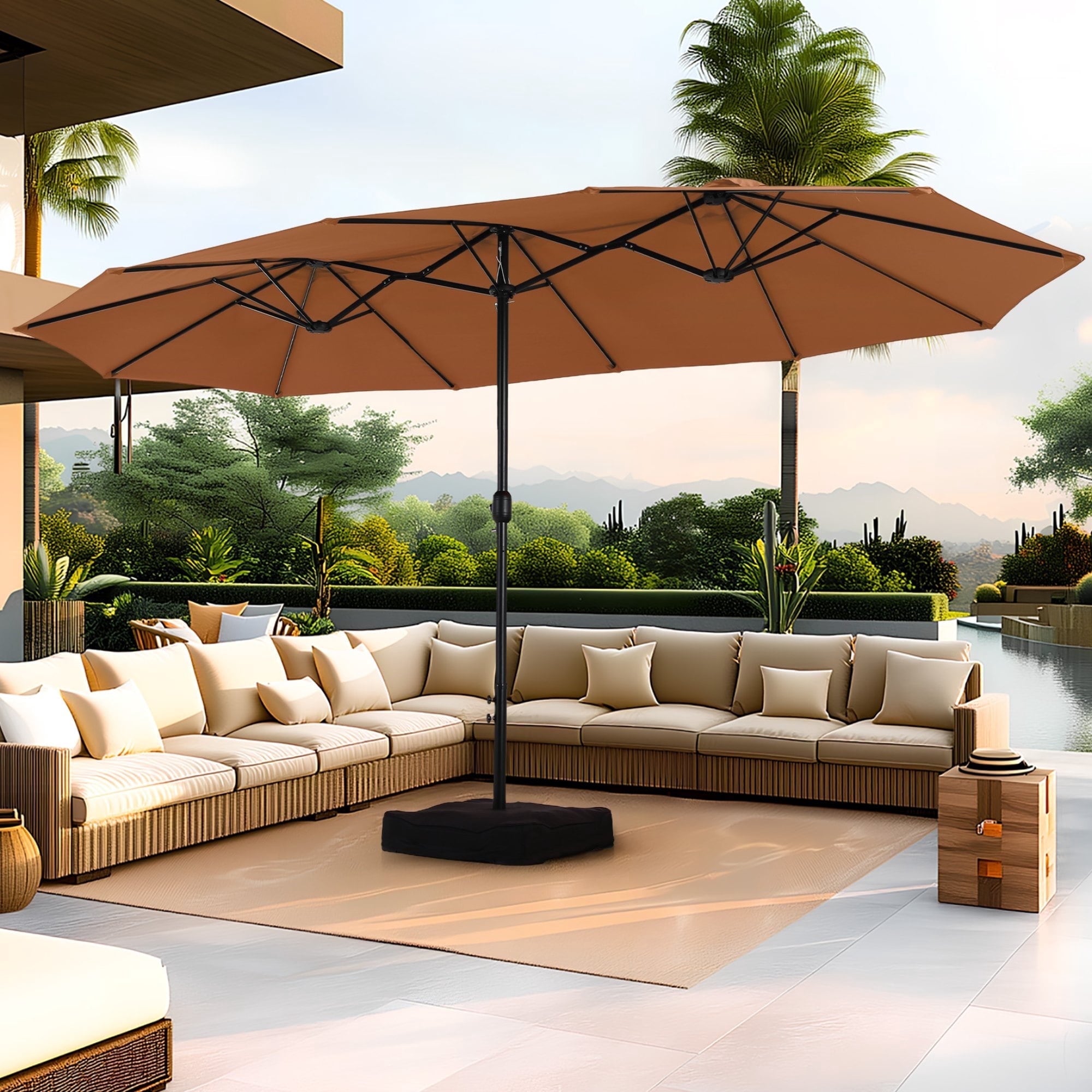 SUMMIT LIVING 15 ft Large Patio Umbrella with Base (Included) Double-Sided Rectangular Outdoor Deck Umbrella for Outside - Beige