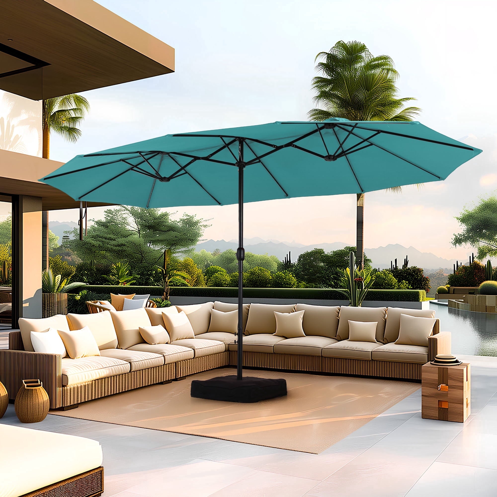SUMMIT LIVING 15 ft Large Patio Umbrella with Base (Included) Double-Sided Rectangular Outdoor Deck Umbrella for Outside - Beige