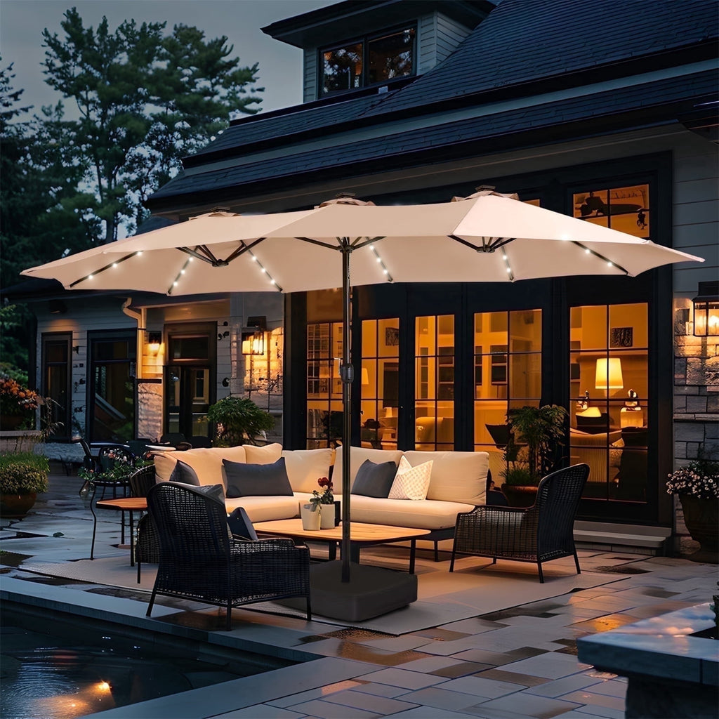 SUMMIT LIVING 15ft Double-Sided Solar Patio Umbrella with Base (Included) Large Outdoor Umbrella with Solar Lights - Beige