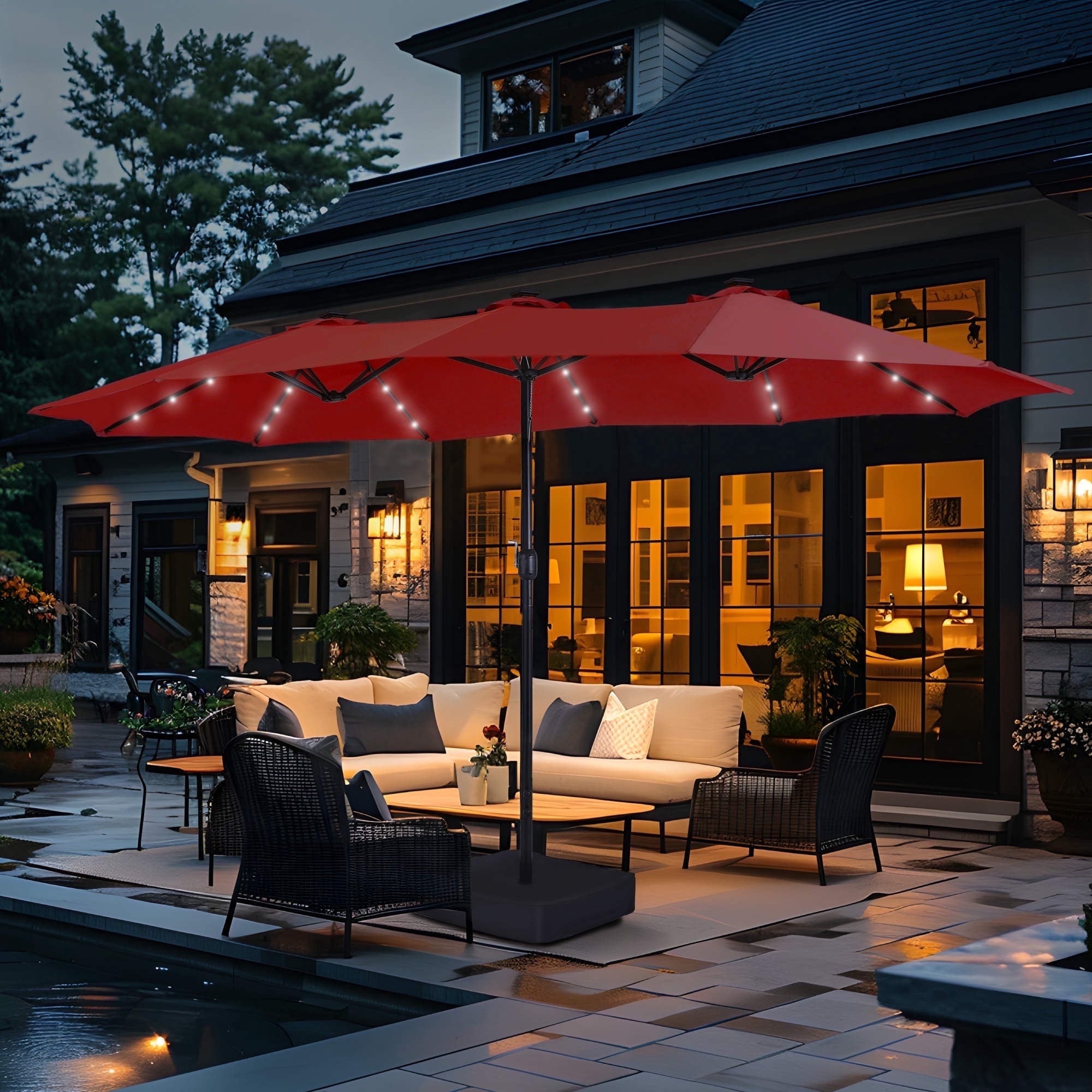 SUMMIT LIVING 15 FT Double-Sided Solar Patio Umbrella with Base Large Outdoor Umbrella with LED Solar Lights - Haze Blue