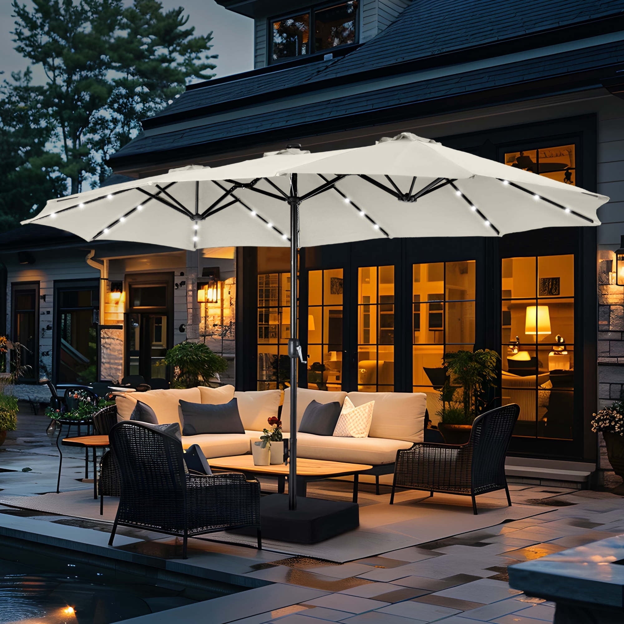 SUMMIT LIVING 15ft Double-Sided Solar Patio Umbrella with Base (Included) Large Outdoor Umbrella with Solar Lights - Beige