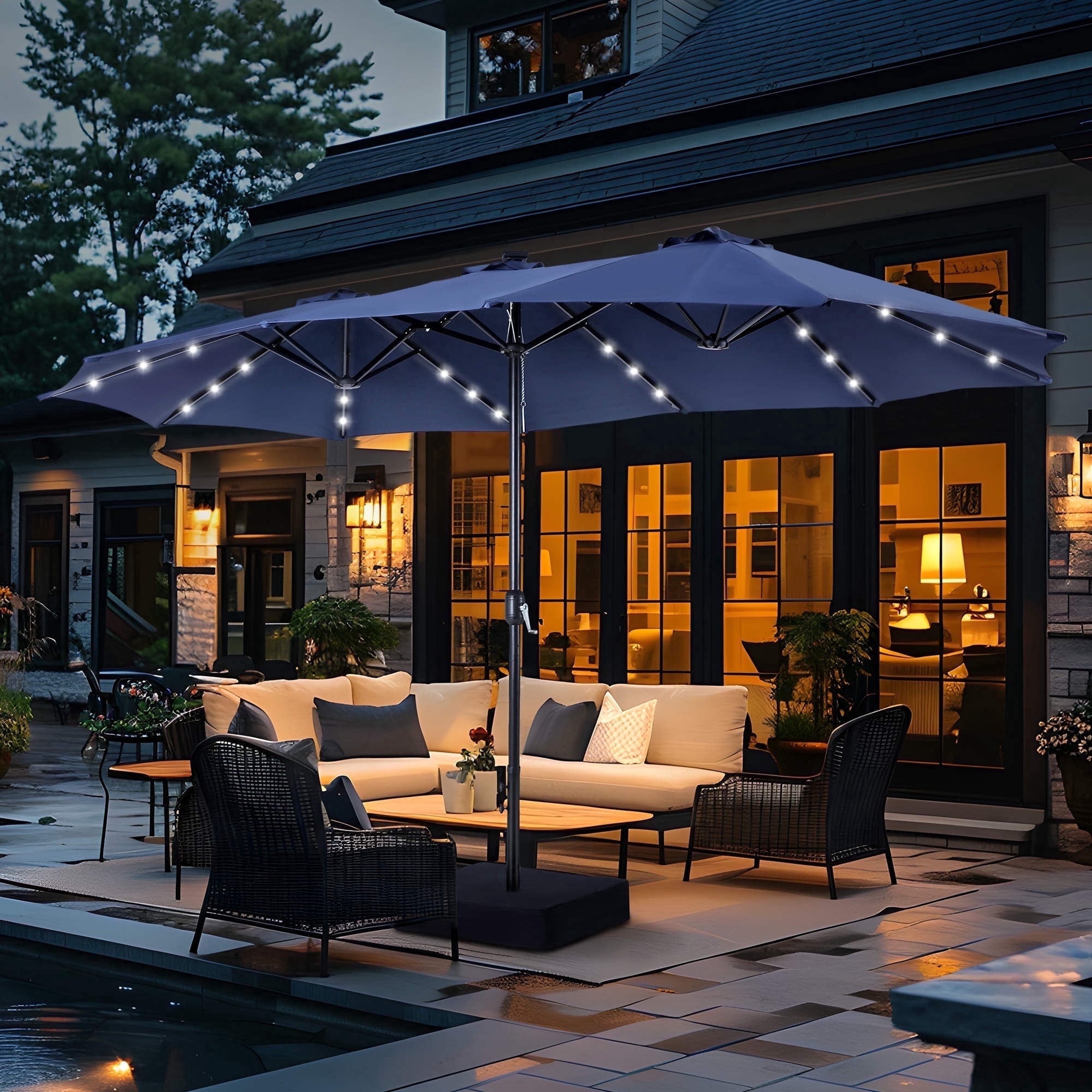 SUMMIT LIVING 15 FT Double-Sided Solar Patio Umbrella with Base Large Outdoor Umbrella with LED Solar Lights - Haze Blue