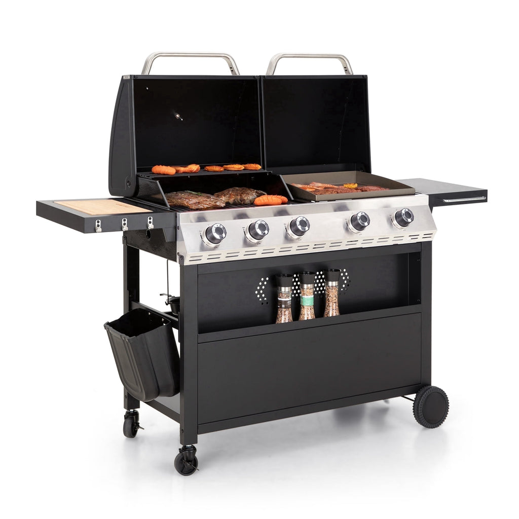 MF Studio 5-Burner Outdoor Propane Gas Grill and Griddle Combo BBQ Grill with Lid 54,000 BUT
