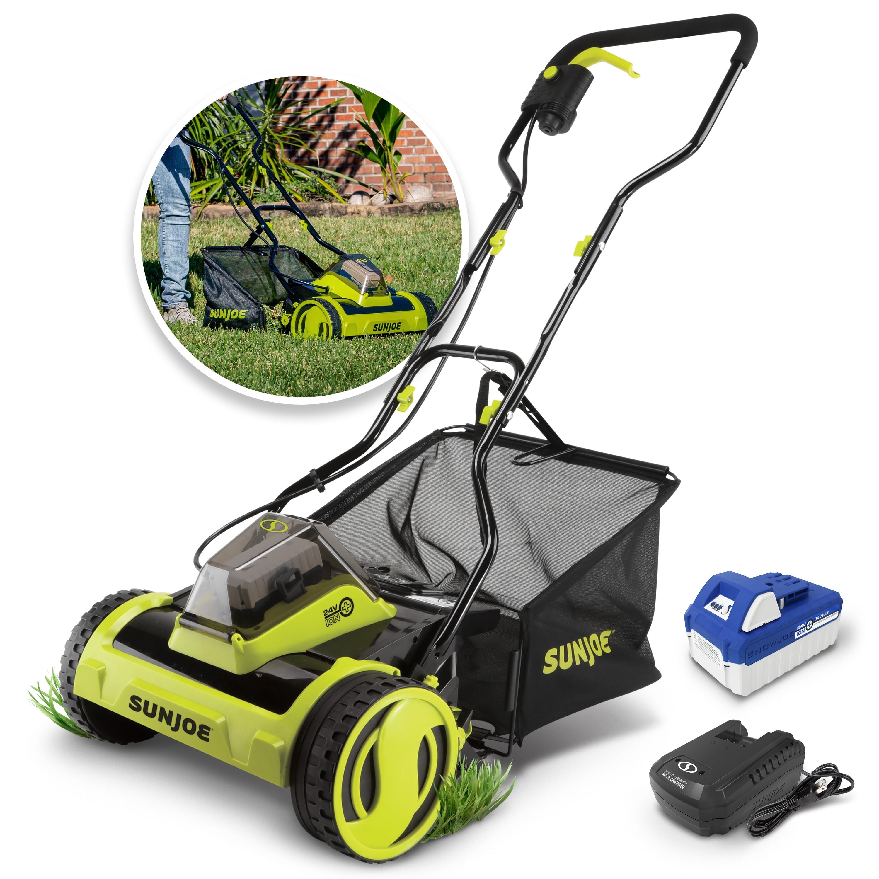 Sun Joe 24V Cordless Push Reel Lawn Mower, Battery Powered Grass Cutter for Yard, 15-Inch