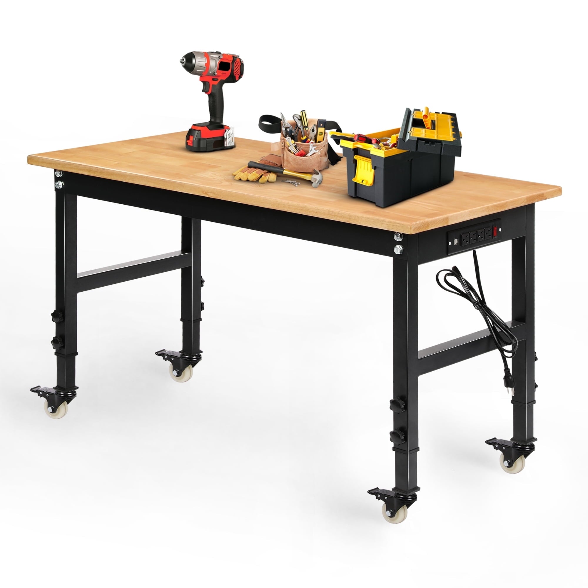 Tolead 60 Heavy-Duty Adjustable Workbench with Power Outlets, Rubber Wood Shop Table, Metal Wheels, Workstation