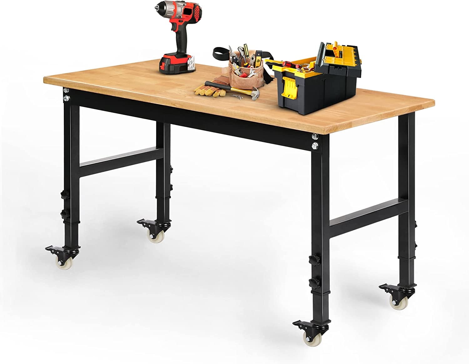 Tolead 60 Heavy-Duty Adjustable Workbench with Power Outlets, Rubber Wood Shop Table, Metal Wheels, Workstation