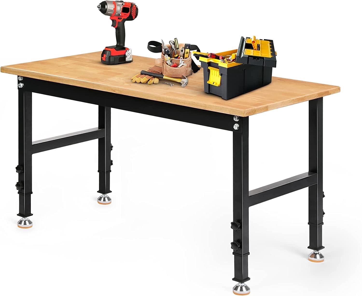Tolead 60 Heavy-Duty Adjustable Workbench with Power Outlets, Rubber Wood Shop Table, Metal Wheels, Workstation