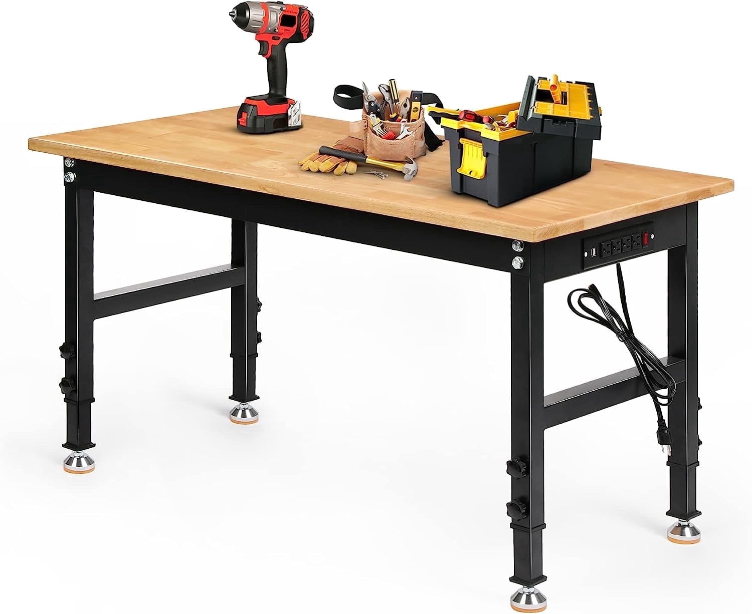 Tolead 60 Heavy-Duty Adjustable Workbench with Power Outlets, Rubber Wood Shop Table, Metal Wheels, Workstation