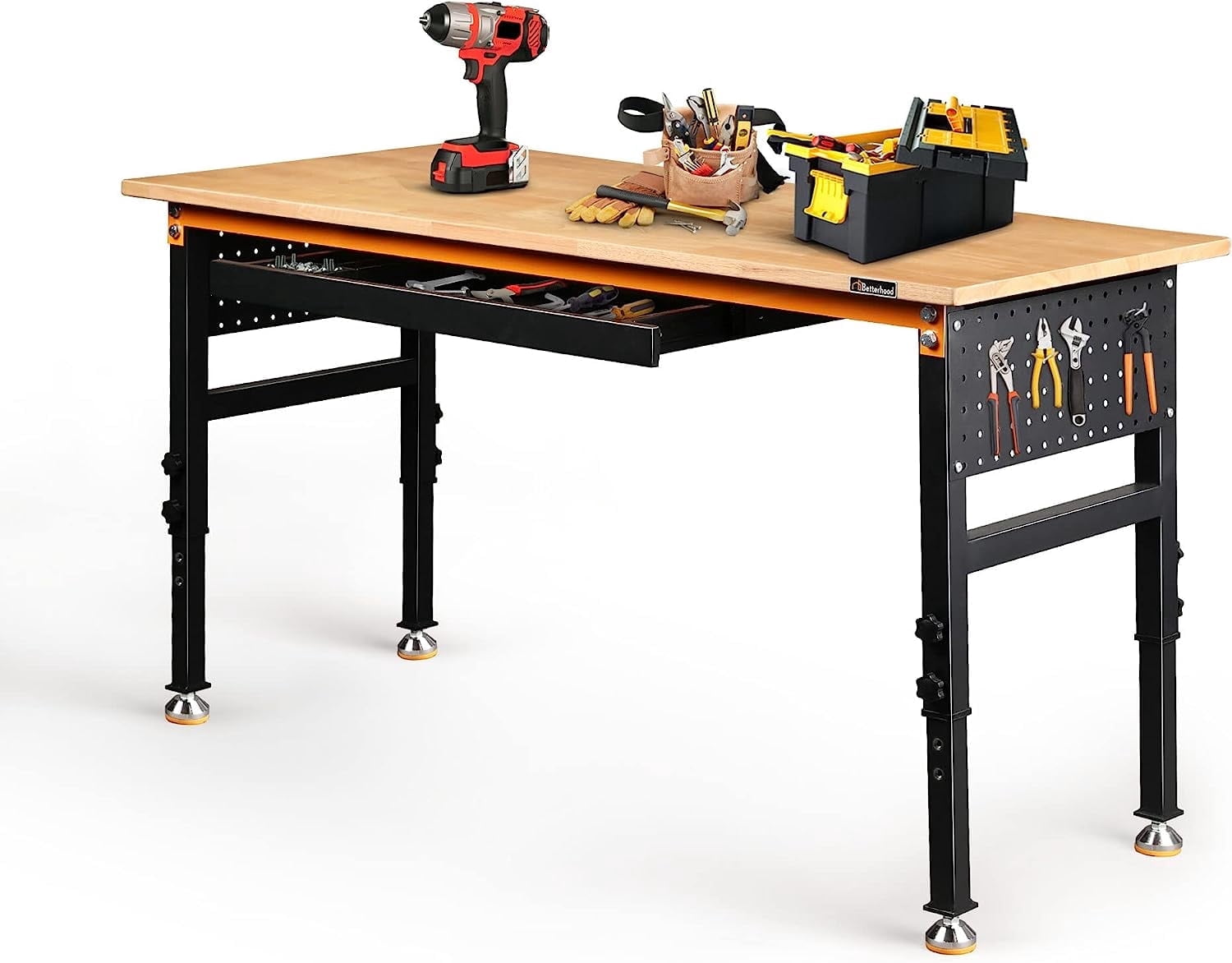 Tolead 60 Heavy-Duty Adjustable Workbench with Power Outlets, Rubber Wood Shop Table, Metal Wheels, Workstation