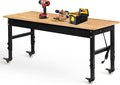 Tolead 60 Heavy-Duty Adjustable Workbench with Power Outlets, Rubber Wood Shop Table, Metal Wheels, Workstation