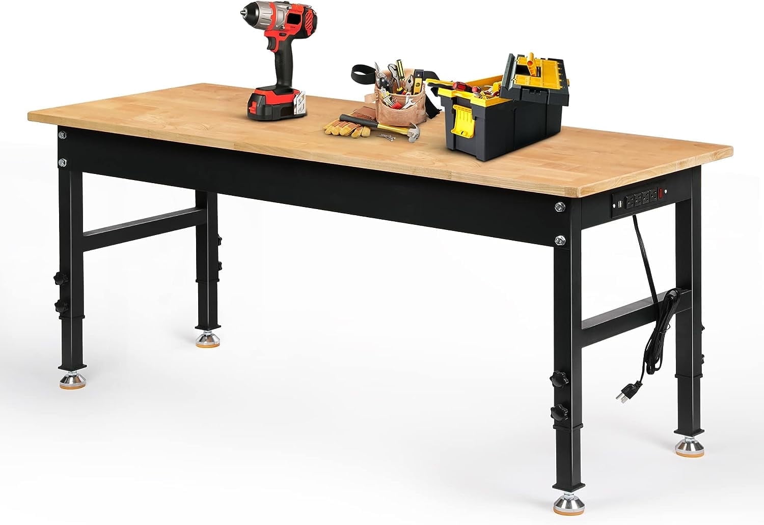 Tolead 60 Heavy-Duty Adjustable Workbench with Power Outlets, Rubber Wood Shop Table, Metal Wheels, Workstation
