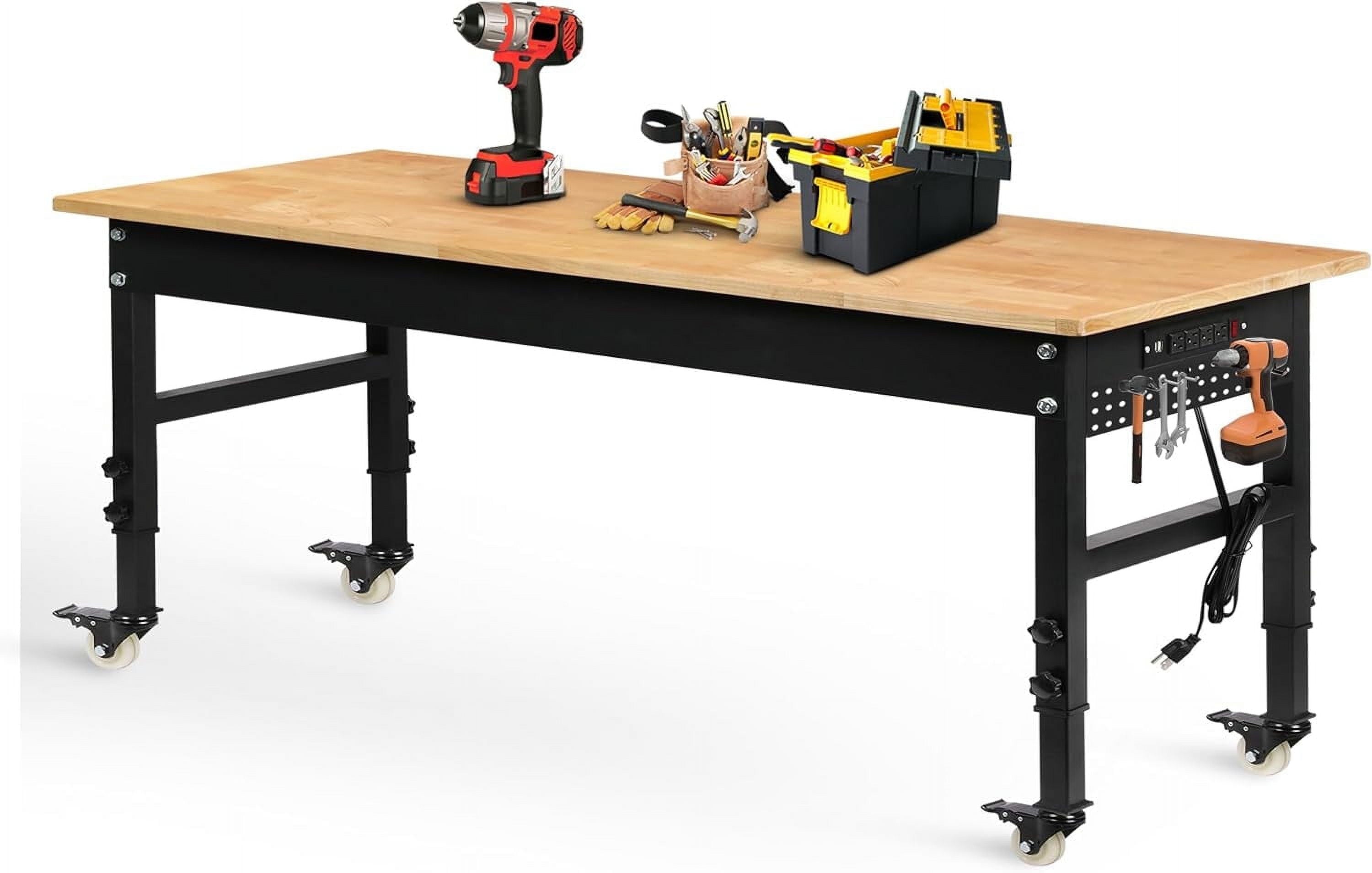 Tolead 60 Heavy-Duty Adjustable Workbench with Power Outlets, Rubber Wood Shop Table, Metal Wheels, Workstation