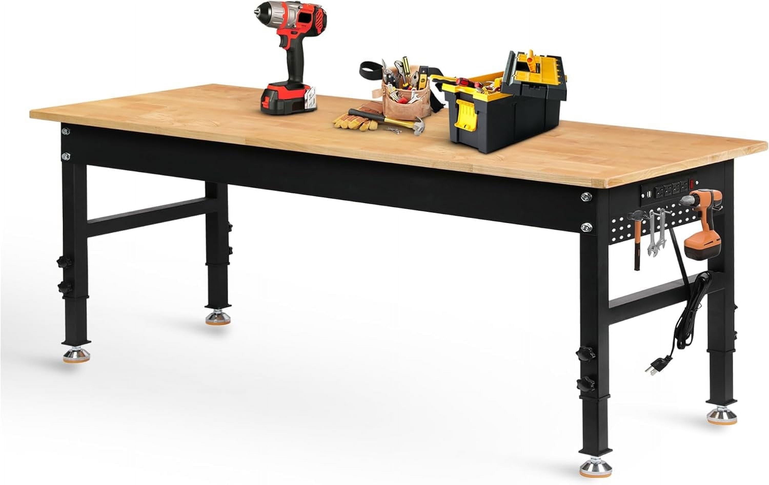 Tolead 60 Heavy-Duty Adjustable Workbench with Power Outlets, Rubber Wood Shop Table, Metal Wheels, Workstation