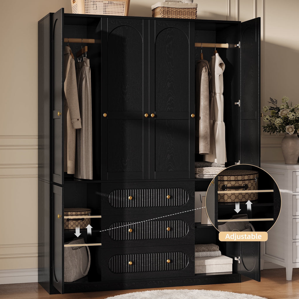 UGTOO 72H 4-Door Wardrobe Armoire with 3 Hanging Rods & 3 Drawers – Black Wooden Closet Storage Cabinet, Large Capacity Freestanding Clothes Organizer for Bedroom