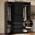 UGTOO 72H 4-Door Wardrobe Armoire with 3 Hanging Rods & 3 Drawers – Black Wooden Closet Storage Cabinet, Large Capacity Freestanding Clothes Organizer for Bedroom