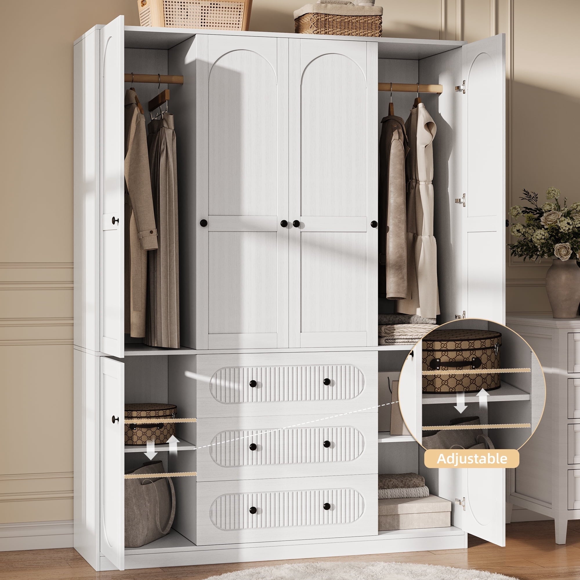 UGTOO 72H 4-Door Wardrobe Armoire with 3 Hanging Rods & 3 Drawers – Black Wooden Closet Storage Cabinet, Large Capacity Freestanding Clothes Organizer for Bedroom