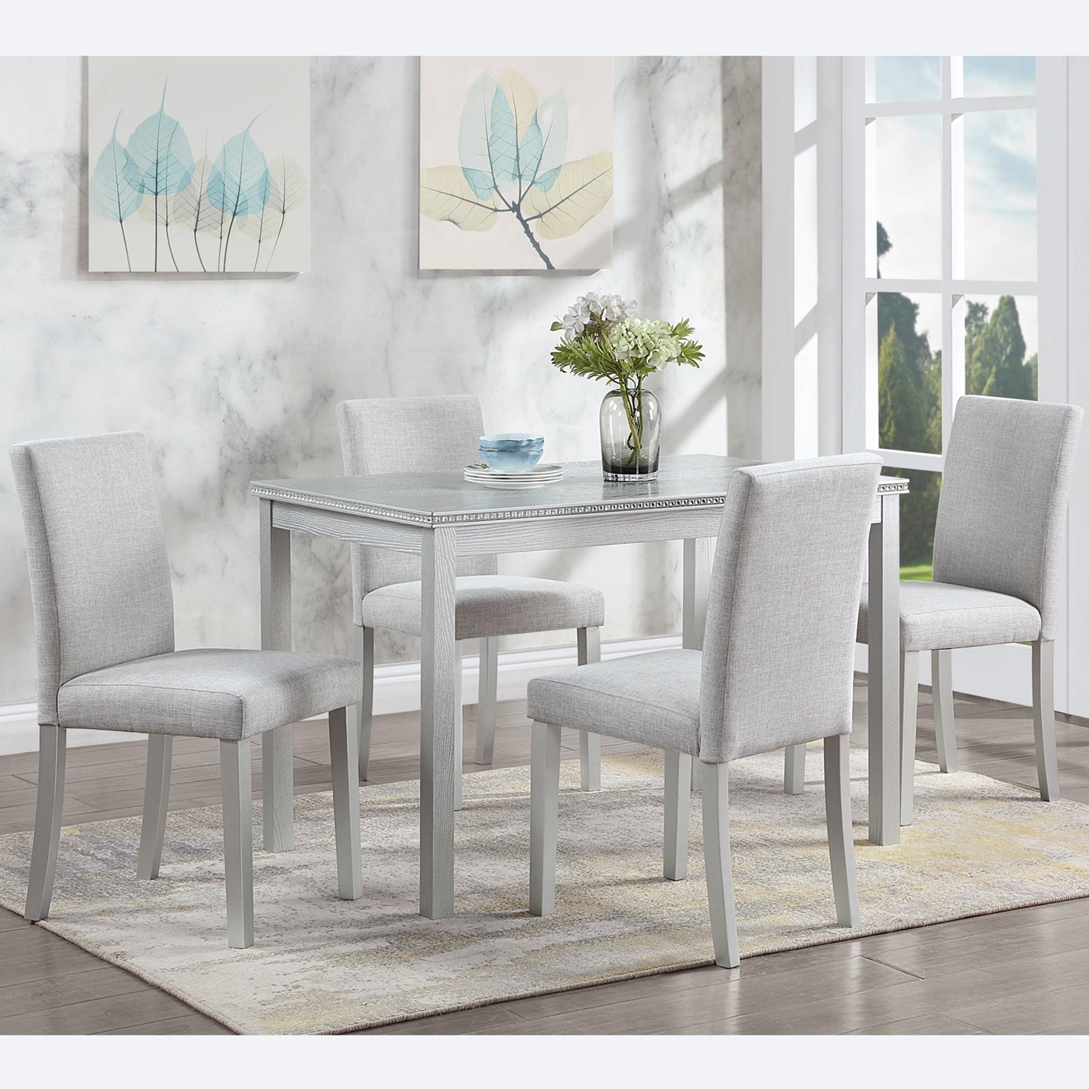 UHOMEPRO 5 Piece Dining Table Set, Modern Dining Table Sets with Rectangular Table and 4 Fabric Upholstered Chairs, Dining Set for Kitchen and Dining Room, White