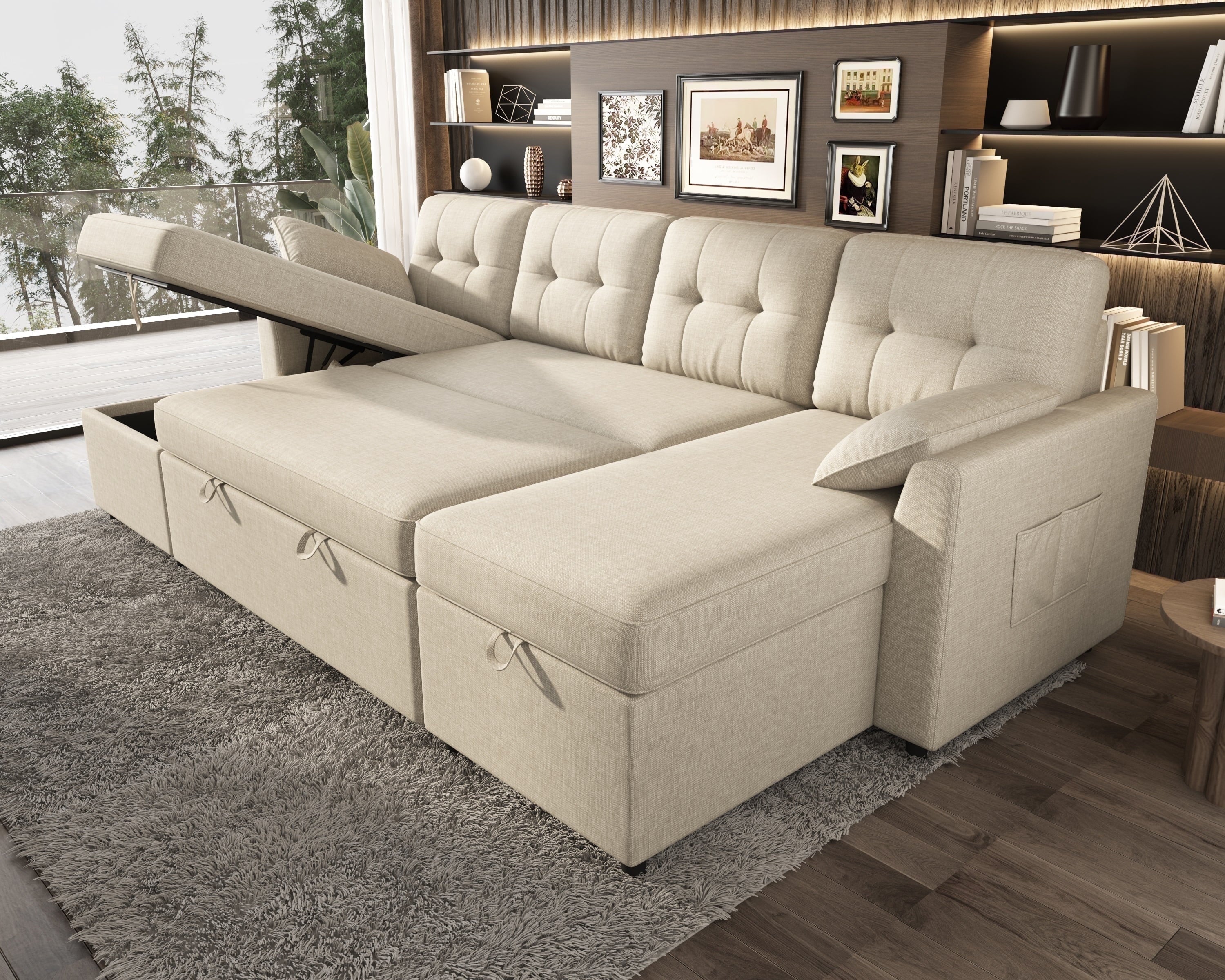 VANACC Sectional Sofa Bed with Storage and Soft Seat ,Reversible Pull Out Couch for Living Room,Gray