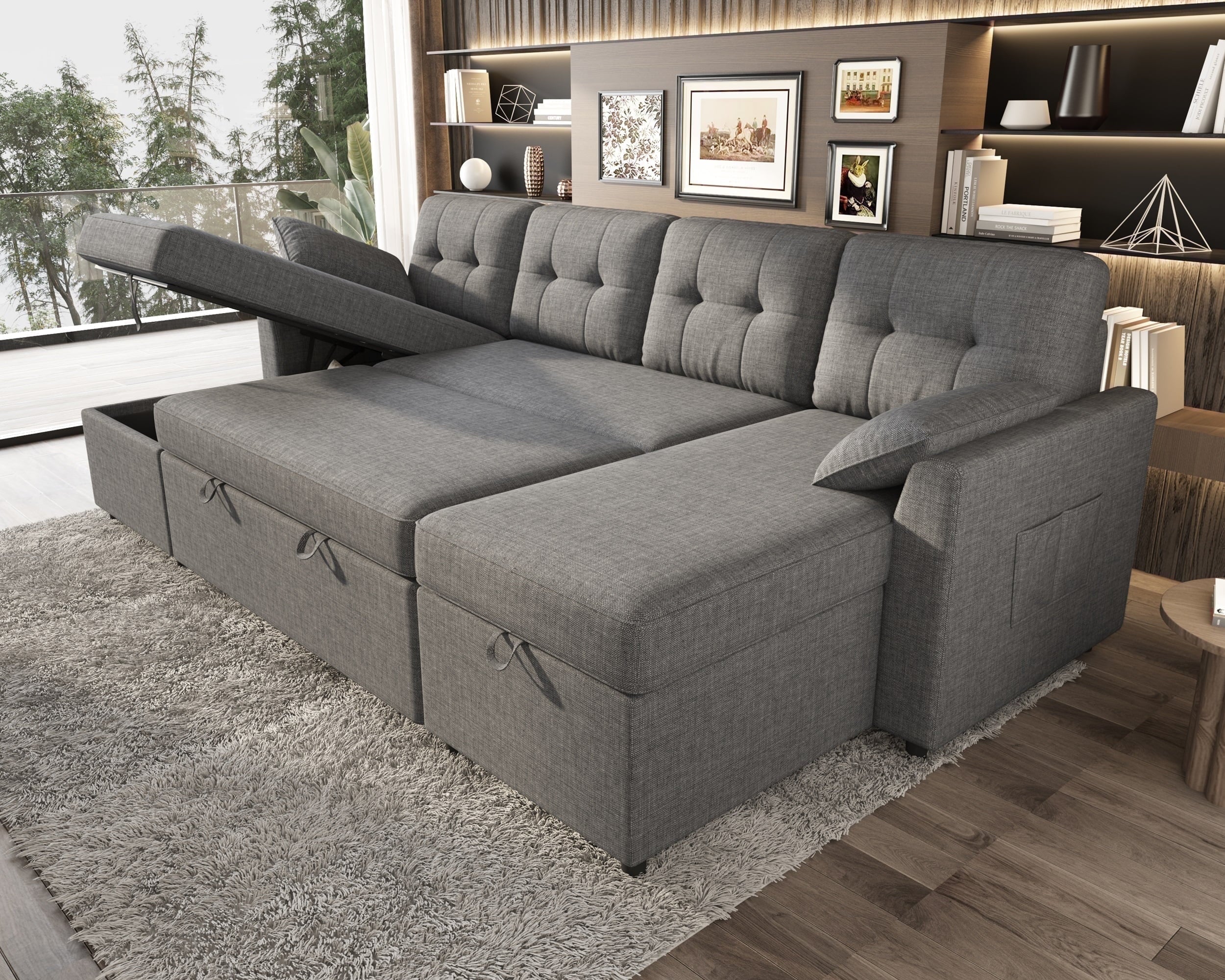 VANACC Sectional Sofa Bed with Storage and Soft Seat ,Reversible Pull Out Couch for Living Room,Gray