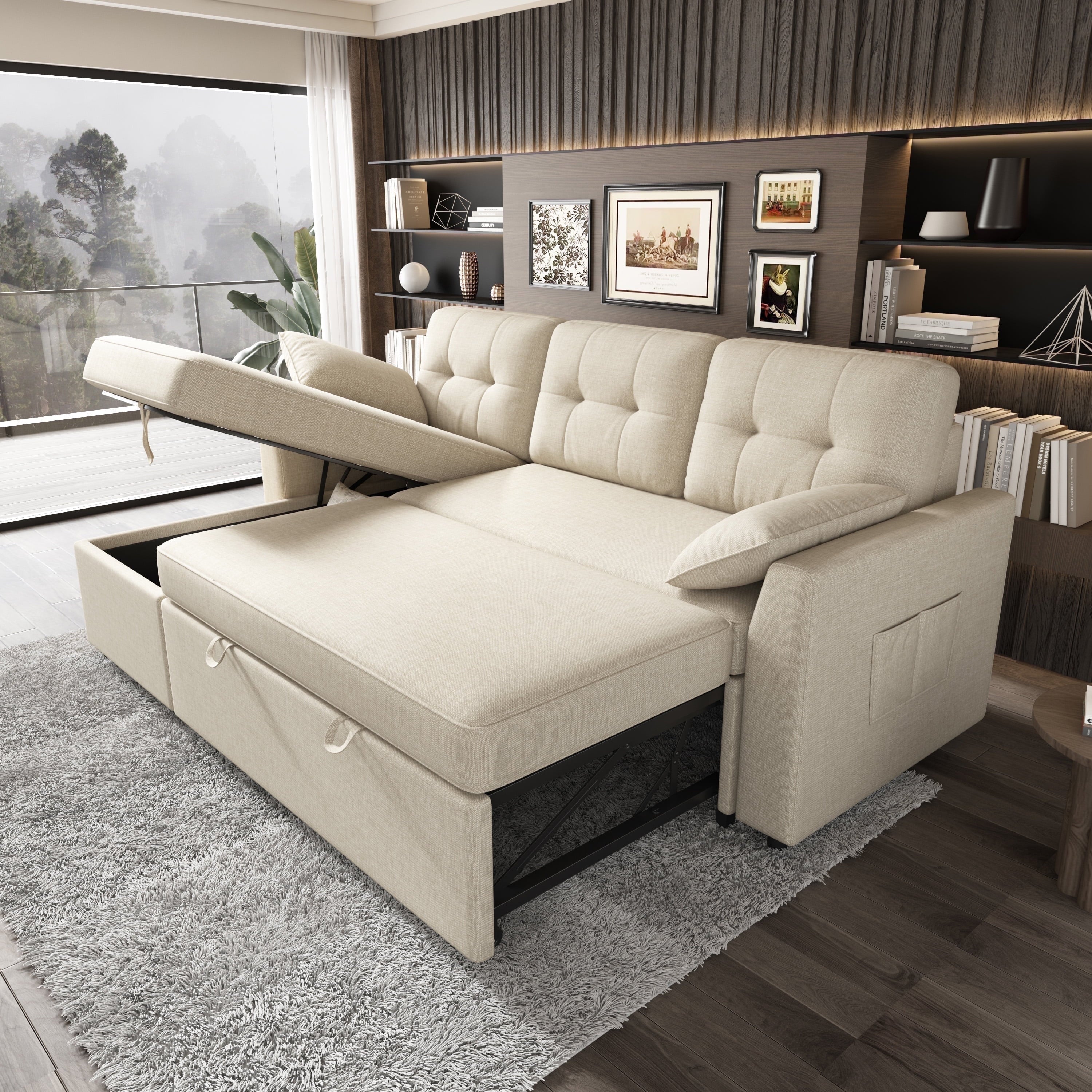 VANACC Sectional Sofa Bed with Storage and Soft Seat ,Reversible Pull Out Couch for Living Room,Gray