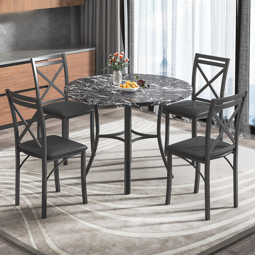 VECELO 5-Piece Dining Table Set, Modern Faux Marble Table and 4 Upholstered Chairs Set for 4, Round Dining Room Table Set for Small Space, Breakfast Nook, Apartment, Black