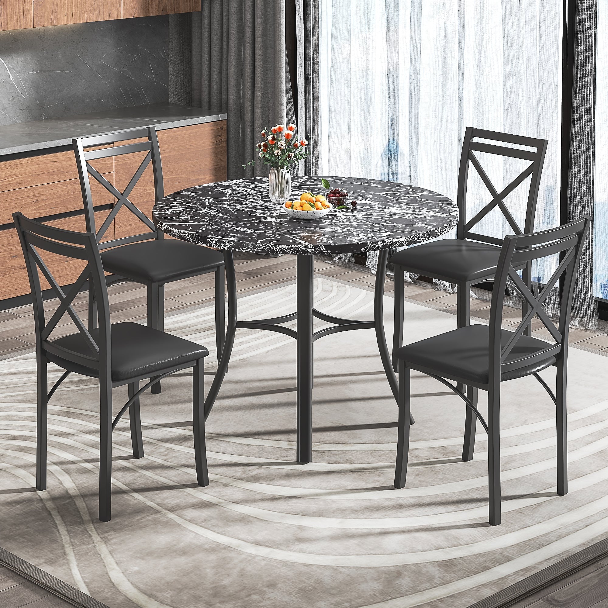 VECELO 5-Piece Dining Table Set, Modern Faux Marble Table and 4 Upholstered Chairs Set for 4, Round Dining Room Table Set for Small Space, Breakfast Nook, Apartment, Black