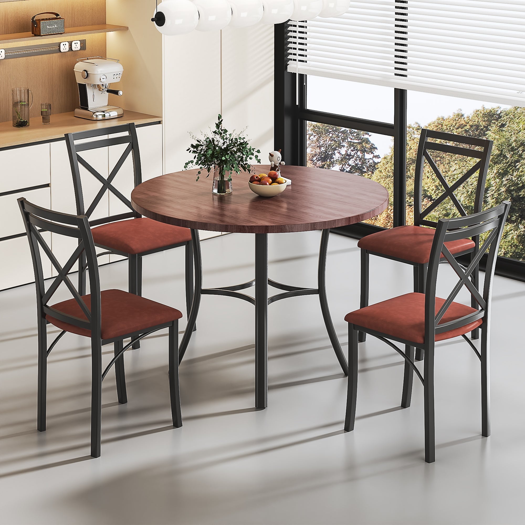 VECELO 5-Piece Dining Table Set, Modern Faux Marble Table and 4 Upholstered Chairs Set for 4, Round Dining Room Table Set for Small Space, Breakfast Nook, Apartment, Black