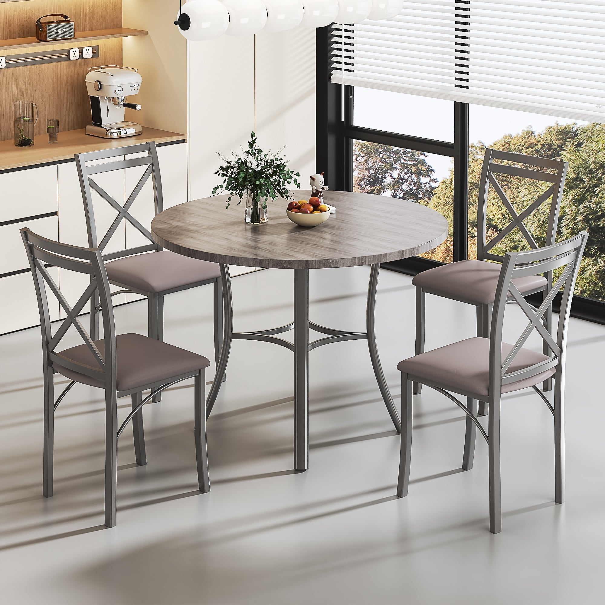 VECELO 5-Piece Dining Table Set, Modern Faux Marble Table and 4 Upholstered Chairs Set for 4, Round Dining Room Table Set for Small Space, Breakfast Nook, Apartment, Black