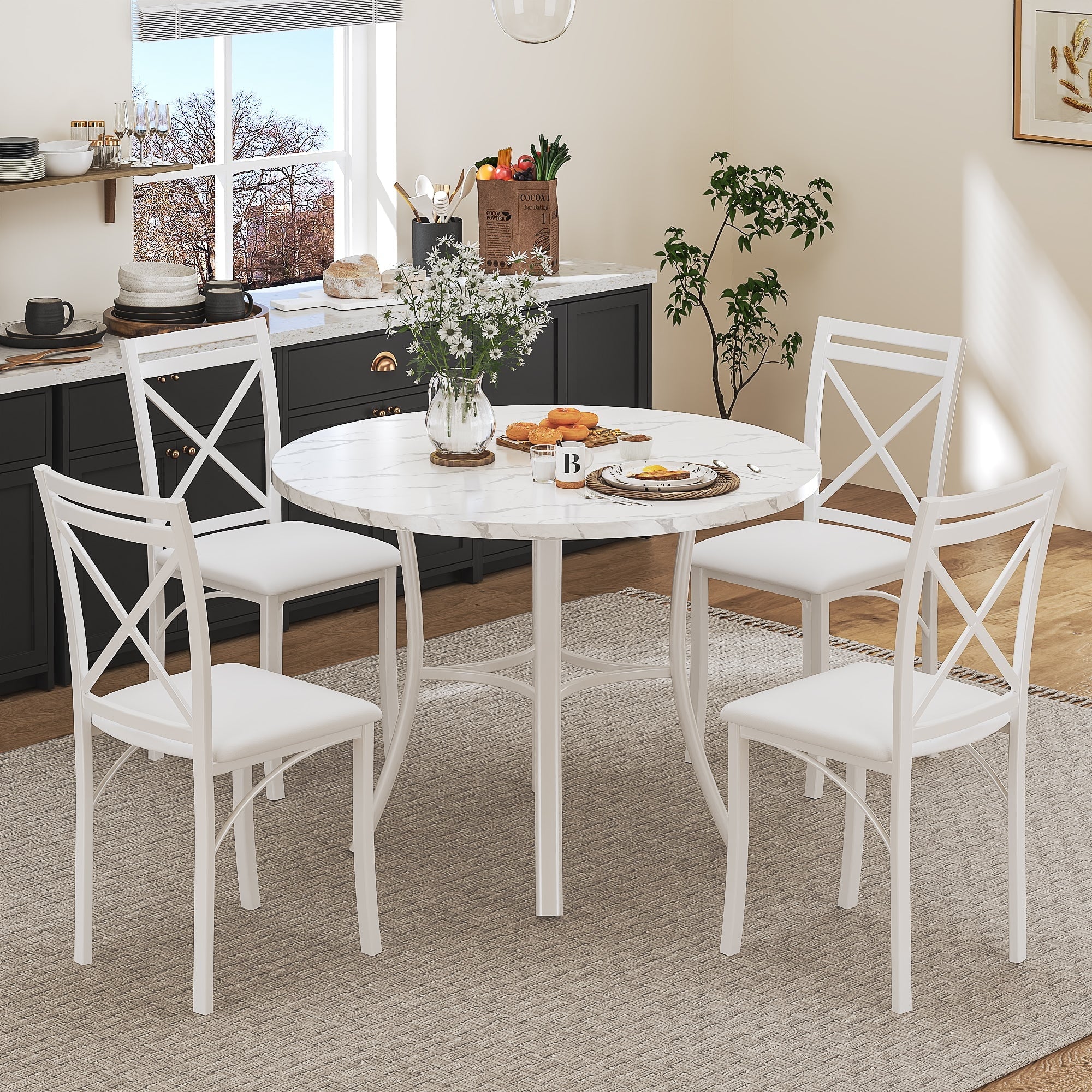 VECELO 5-Piece Dining Table Set, Modern Faux Marble Table and 4 Upholstered Chairs Set for 4, Round Dining Room Table Set for Small Space, Breakfast Nook, Apartment, Black