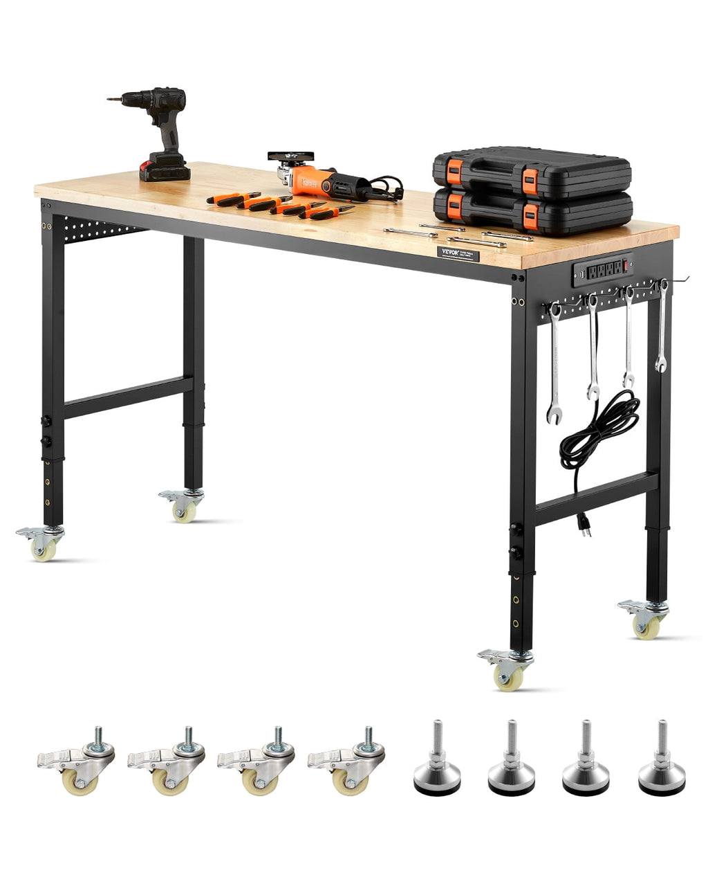 VEVOR 60-Inch Adjustable Workbench, 2000 lbs Load, Work Bench with Power Outlet, Wheels, and Pegboard, Heavy Duty Oak Wood Top Work Table for Garage, Workshop, Office, and Home