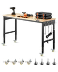 VEVOR 60-Inch Adjustable Workbench, 2000 lbs Load, Work Bench with Power Outlet, Wheels, and Pegboard, Heavy Duty Oak Wood Top Work Table for Garage, Workshop, Office, and Home