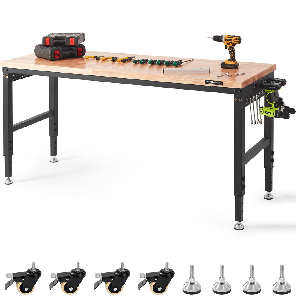 VEVOR Adjustable Workbench, 72 L X 25 W Garage Worktable with Universal Wheels, 28-39.5 Heights & 3000 LBS Load Capacity, with Power Outlets & Hardwood Top & Storage & Foot Pads, for Office Home