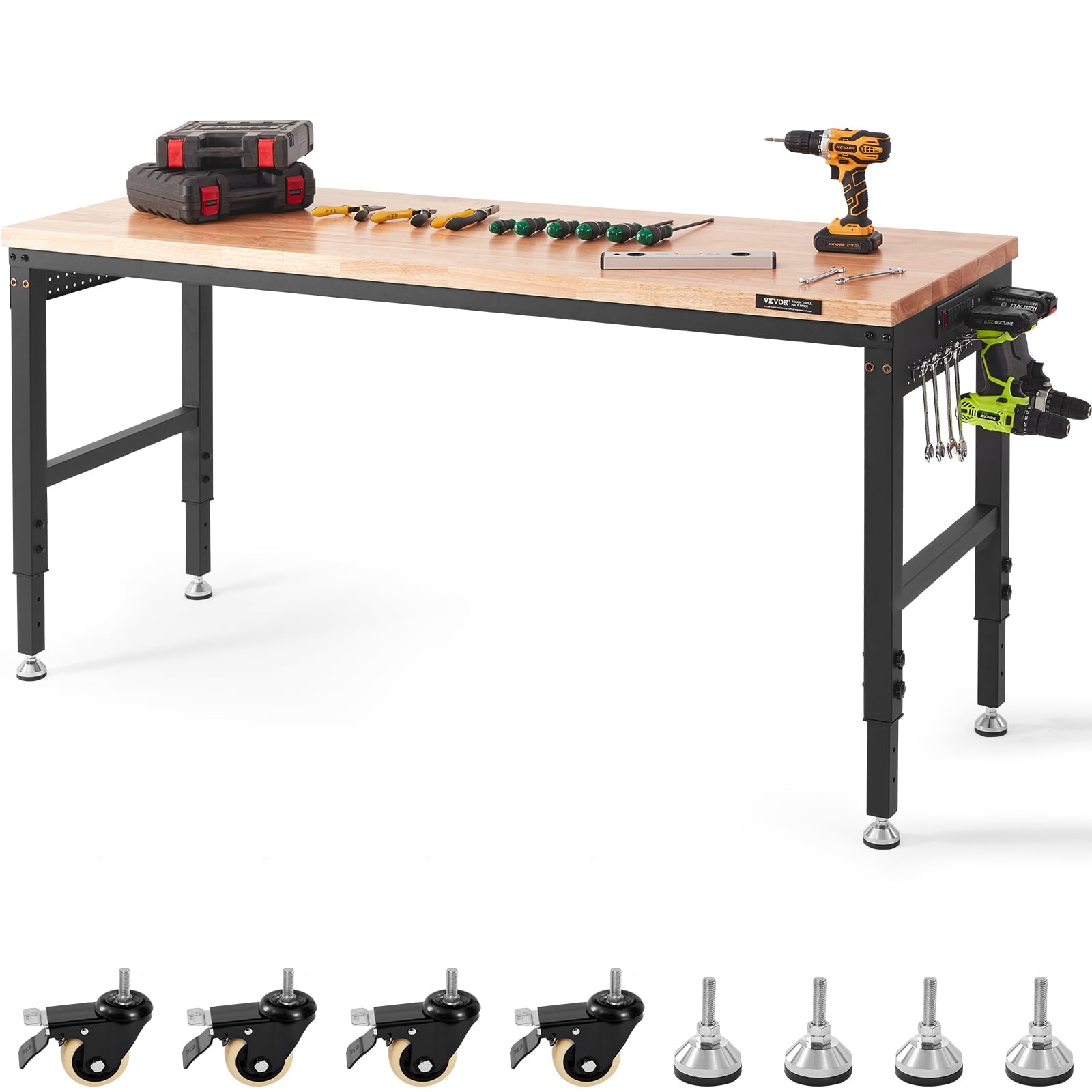 VEVOR Adjustable Workbench, 72 L X 25 W Garage Worktable with Universal Wheels, 28-39.5 Heights & 3000 LBS Load Capacity, with Power Outlets & Hardwood Top & Storage & Foot Pads, for Office Home