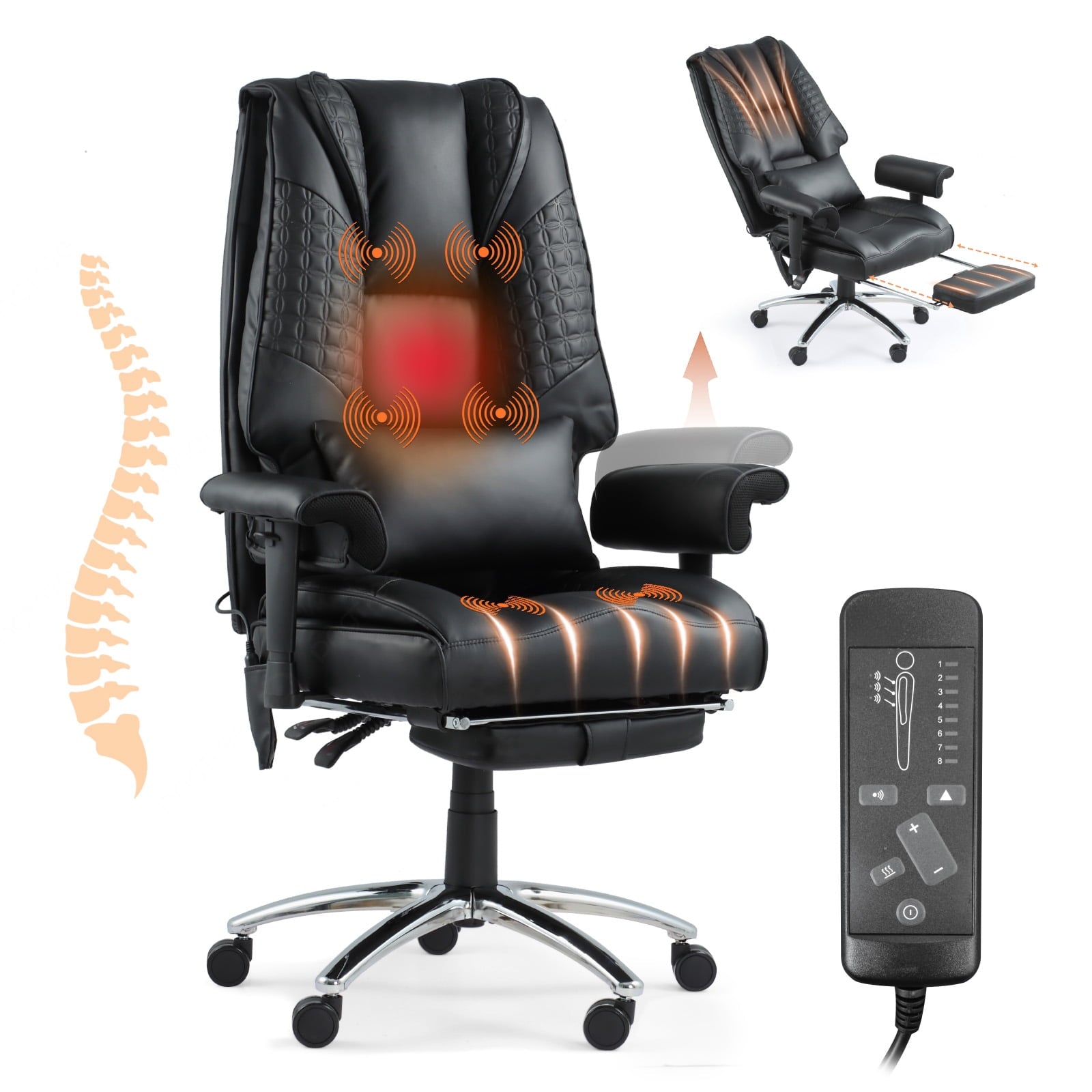 Massage & Heated Office Chair with Foot Rest, Ergonomic Executive Office Chair with Reclining Backrest, Adjustable Arms and Lumbar Support, High Back Leather Desk Chairs for Home Office, Beige