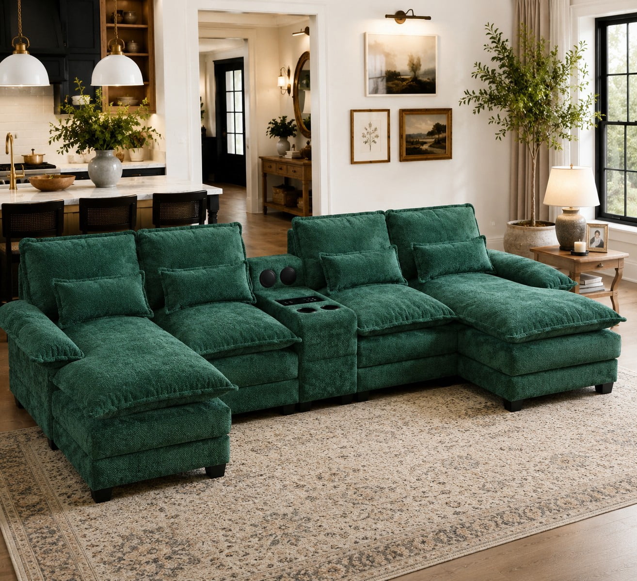 Villeston 126.77 U-Shaped Cloud Sofa With Chaise Lounge, Chenille Sofa With Wireless Charging, Bluetooth Speaker, Two Cup Holders, Storage Drawer, Suitable For Living Room,Gray