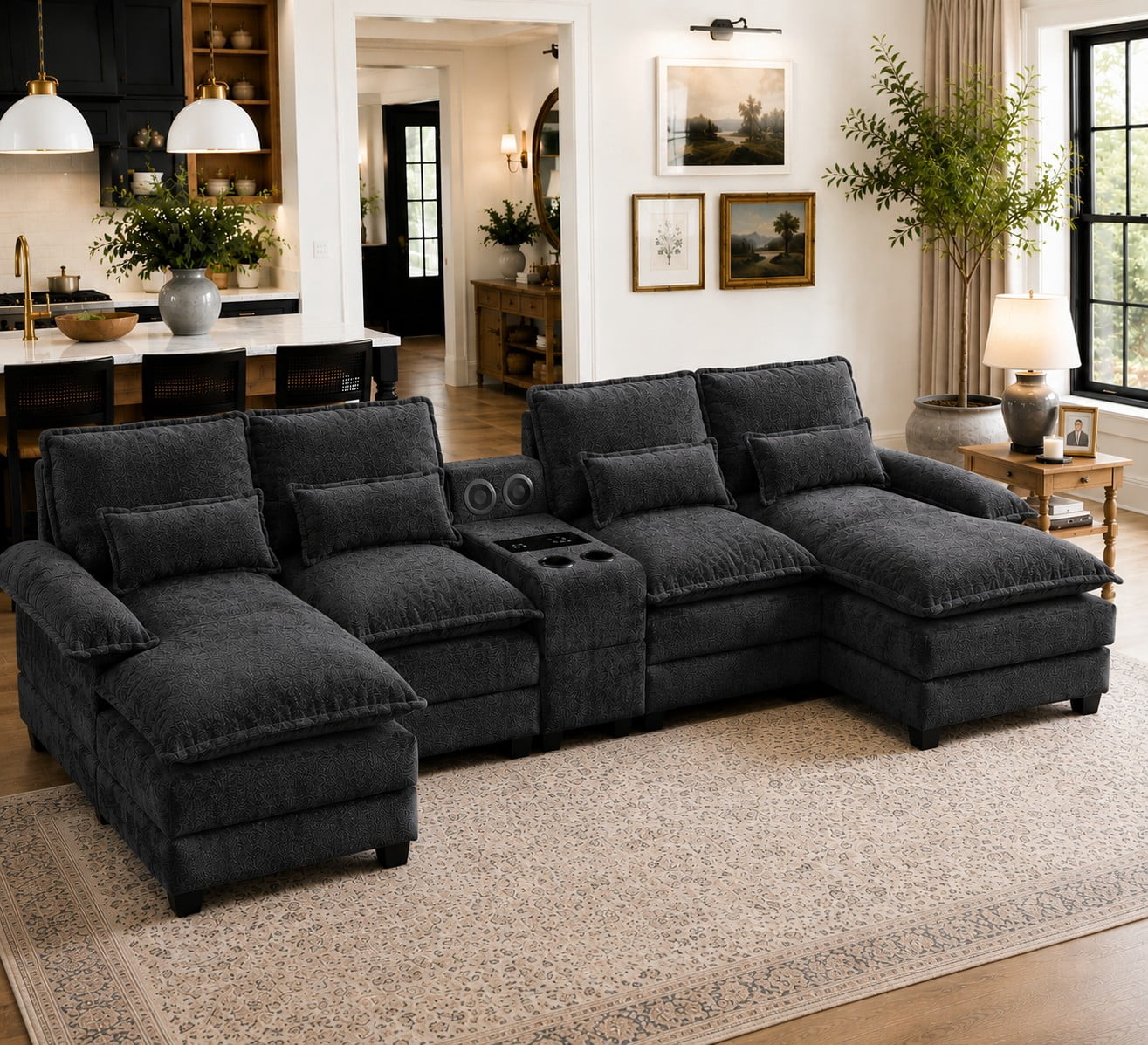 Villeston 126.77 U-Shaped Cloud Sofa With Chaise Lounge, Chenille Sofa With Wireless Charging, Bluetooth Speaker, Two Cup Holders, Storage Drawer, Suitable For Living Room,Gray